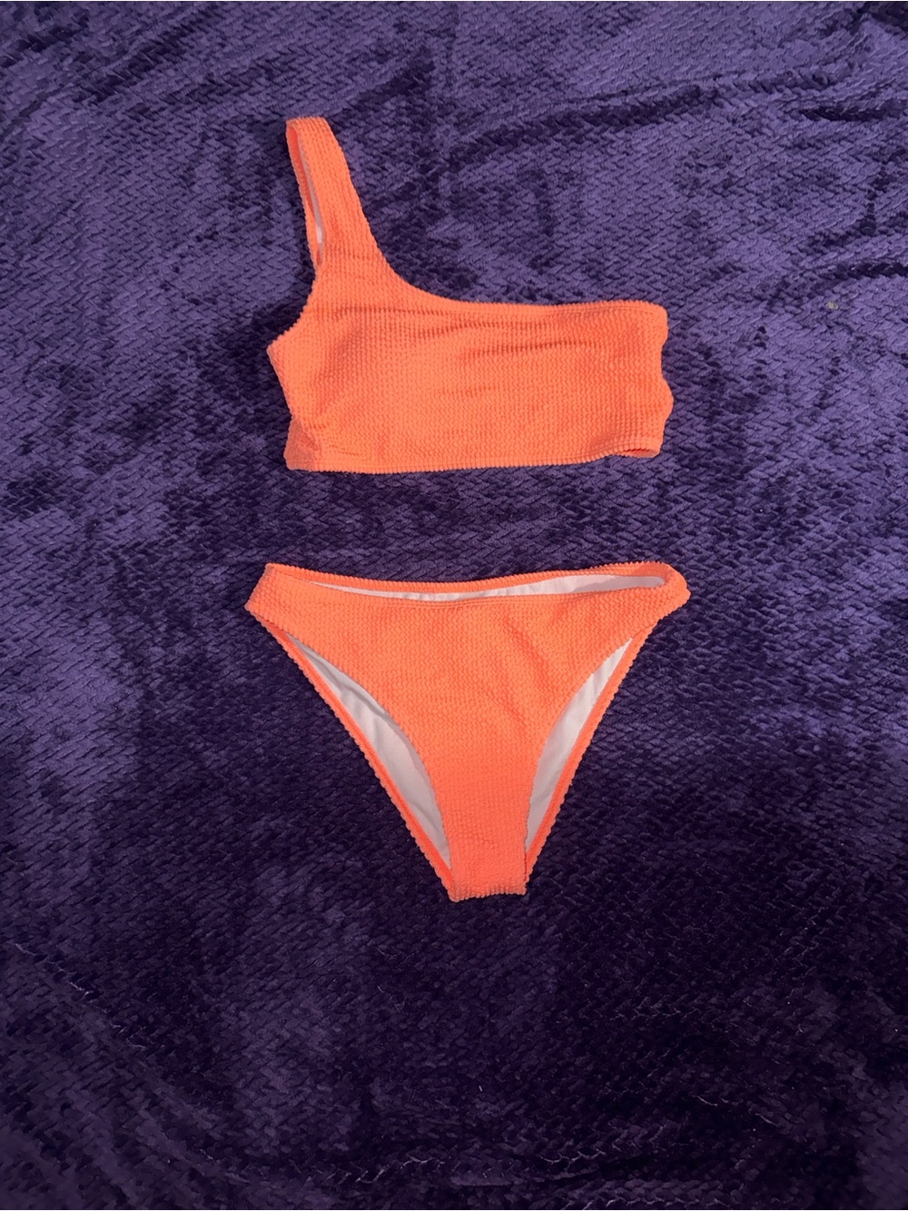 One-Shoulder Orange Textured Bikini Set